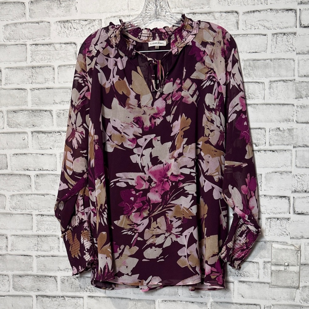 Calvin Klein Plum Floral Blouse‎ size OX burgundy, pinks,